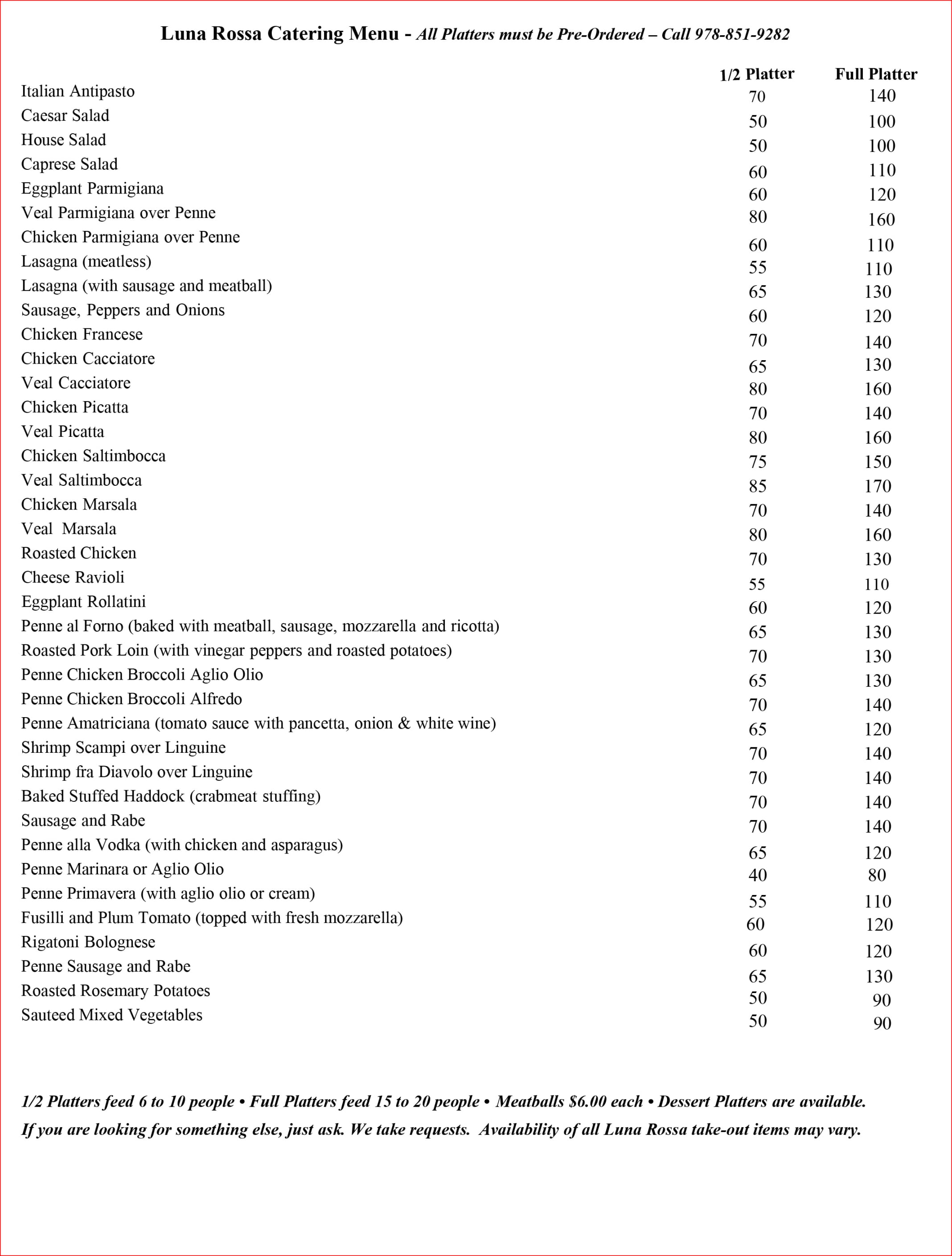 Luna Rossa Catering Menu